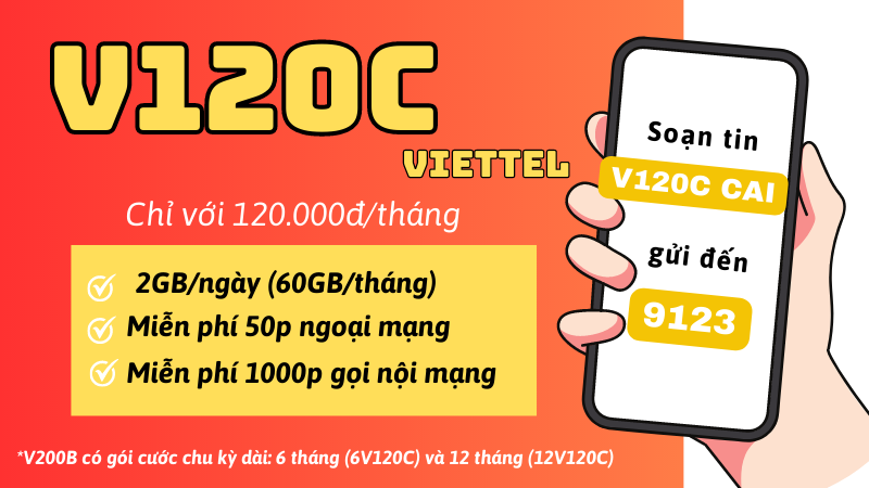 Đăng ký gói cước V120C Viettel có 60GB data và gọi miễn phí