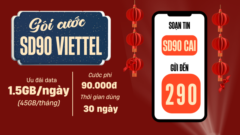 Gói cước SD90 Viettel chỉ 90K có ngay 45GB data dùng mạng 30 ngày