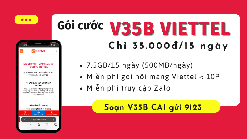 Đăng ký gói cước V35B Viettel nhận data và gọi dùng 15 ngày 
