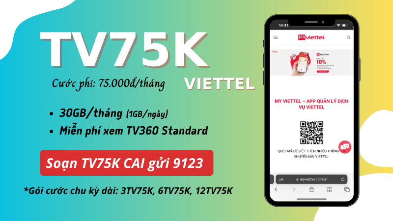 Đăng ký gói cước TV75K Viettel nhận 30GB, Free data TV360