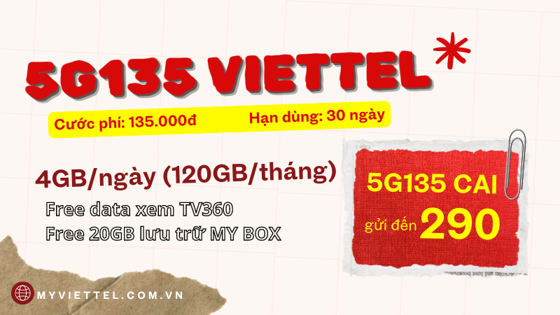 Đăng ký gói cước 5G135 Viettel có 120GB dung lượng miễn phí dùng 30 ngày 