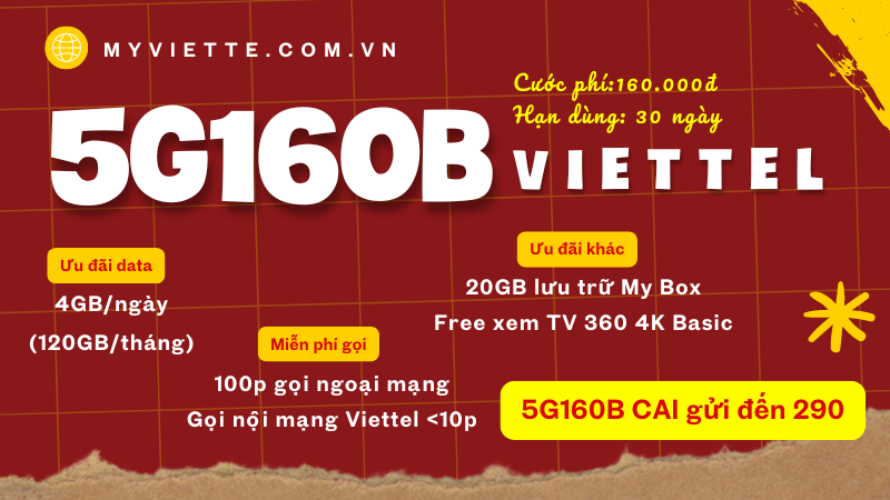 Đăng ký gói cước 5G160B Viettel nhận combo ưu đãi hấp dẫn