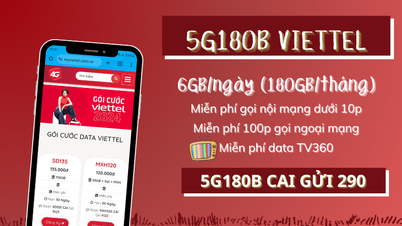 Đăng ký gói 5G180B Viettel ưu đãi 180GB, miễn phí gọi và TV360