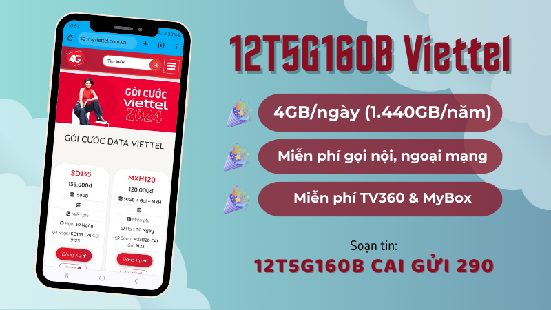 Đăng ký gói 12T5G160B Viettel chỉ 1 lần đăng ký cho 1 năm sử dụng thả ga