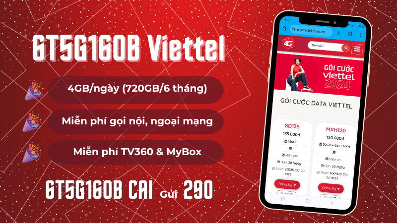 Gói cước 6T5G180B Viettel ưu đãi 4GB/ngày, miễn phí gọi 6 tháng