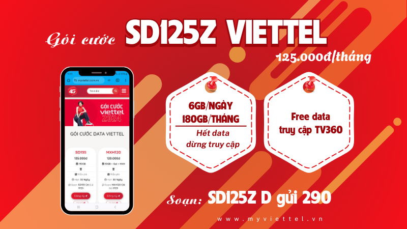 Gói cước SD125Z Viettel ưu đãi 180GB, miễn phí TV360